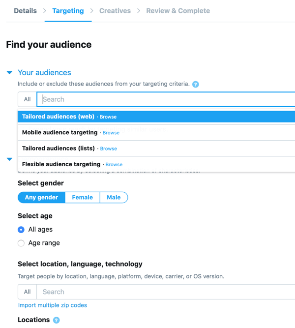 Option pour définir votre audience pour votre annonce Twitter In-Stream Video Views (Pre-Roll).