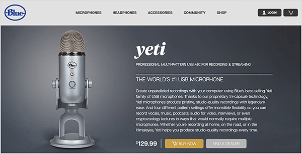 Dusty Porter recommande de passer à un microphone USB comme le Blue Yeti. Sur la page de vente bleue du microphone Yeti, une image d'un micro chromé sur un support apparaît sur un fond gris foncé. Le prix indiqué est de 129,00 $.