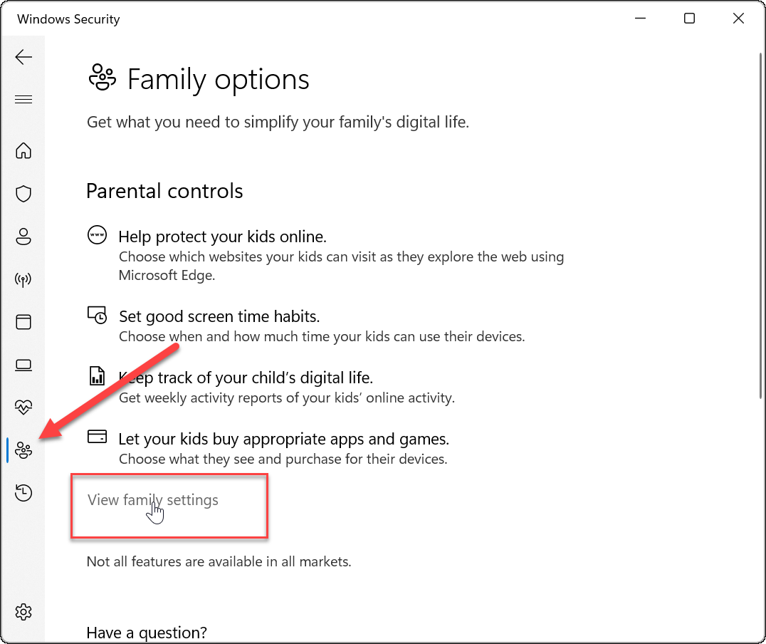 Options de la famille de sécurité Windows