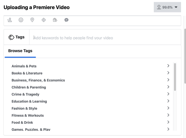 Comment configurer Facebook Premiere, étape 4, balises vidéo