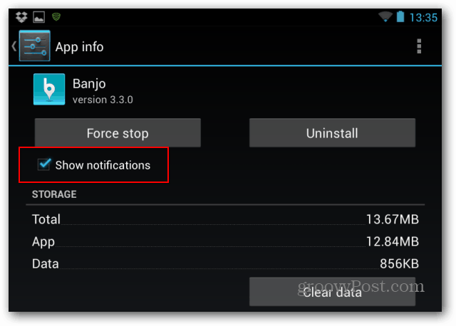 Le Nexus 7 désactive les notifications sélectionnées