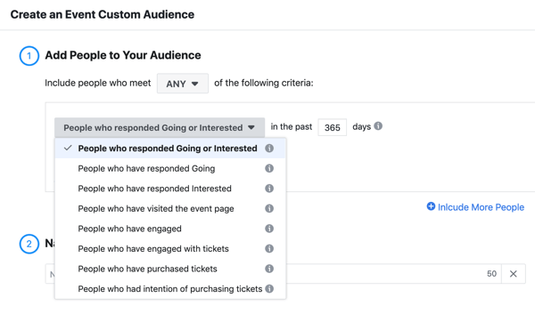 Comment promouvoir votre événement en direct sur Facebook, étape 11, créez une audience personnalisée de personnes ayant répondu en allant ou intéressées par votre événement