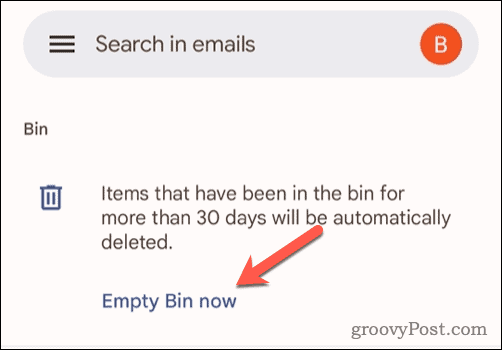 Option Vider la corbeille dans Gmail sur mobile