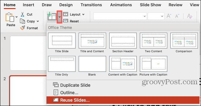 Nouvelle diapositive, réutilisation des diapositives dans PowerPoint sur Mac