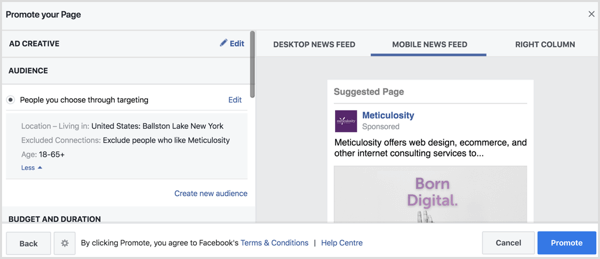Facebook remplira automatiquement les paramètres d'audience en fonction de votre page de localisation. 
