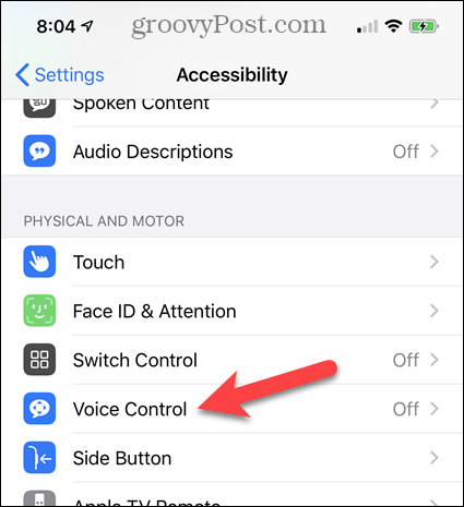 Appuyez sur Contrôle vocal dans les paramètres d'accessibilité de l'iPhone