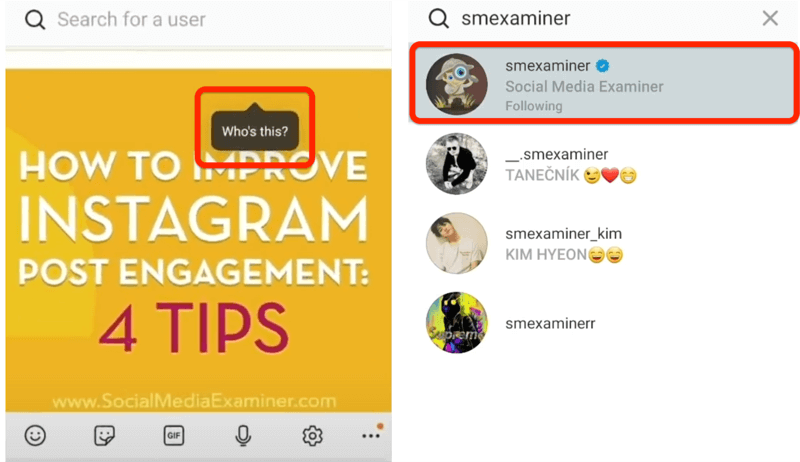 option de publication instagram pour taguer quelqu'un avec après-tap