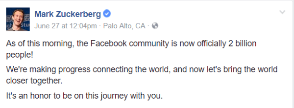 Facebook a franchi une étape importante de 2 milliards d'utilisateurs actifs par mois.