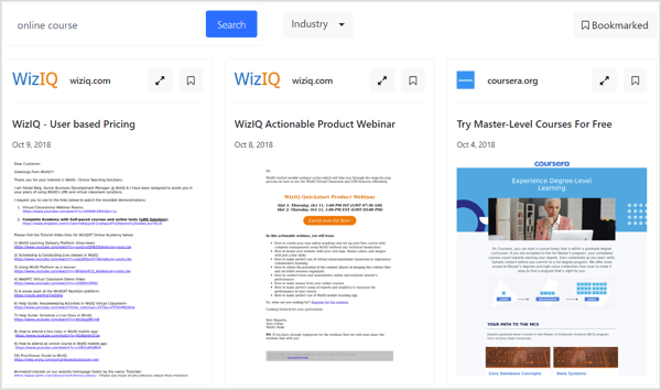 WhoSendsWhat vous permet de marquer des e-mails pour référence future, de trier des échantillons d'e-mails par secteur d'activité et de démarrer votre recherche avec des domaines spécifiques.