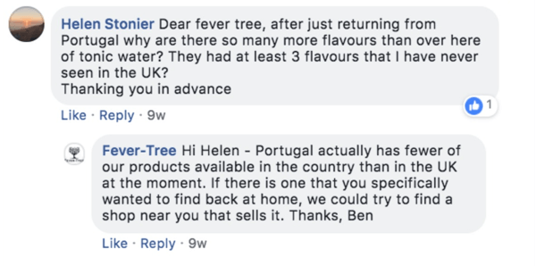 Exemple de Fever-Tree répondant à la question d'un client sur une publication Facebook.