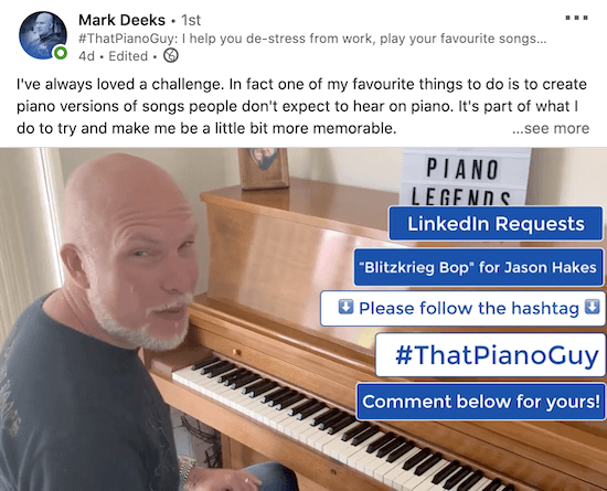 exemple d'une vidéo linkedin de mark deeks montrant des superpositions de texte d'appel à l'action telles que «demande de linkedin», «veuillez suivre le hashtag» et «commentaire ci-dessous pour le vôtre!» entre autres