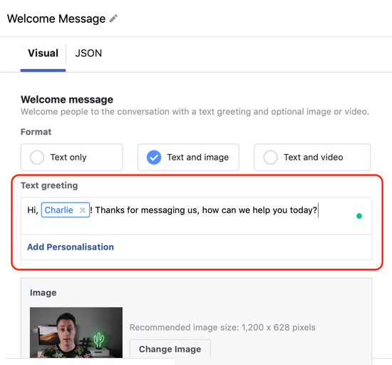 Comment cibler les prospects chauds avec les publicités Facebook Messenger, étape 12, exemple de personnalisation du modèle personnalisé de destination de messagerie