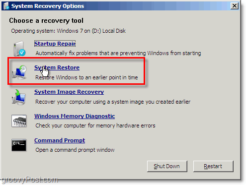 la restauration du système Windows 7 est facile d'accès à partir du mode boto de réparation