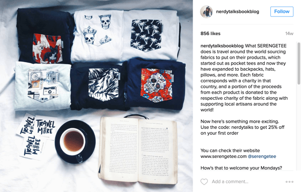 Le blog Nerdy Talks Book présente les produits Serengetee et informe les abonnés de la cause sur Instagram.