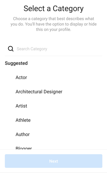 Sélection de la catégorie de profil de créateur Instagram, étape 1.