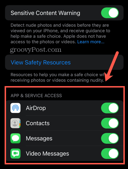 options d'avertissement de contenu sensible iOS