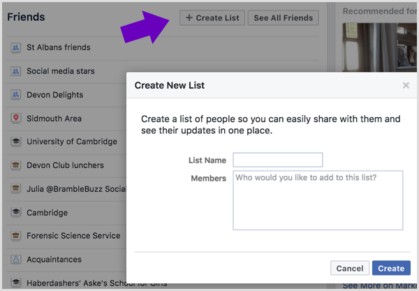 Entrez un nom pour votre liste d'amis Facebook et sélectionnez les amis à ajouter.