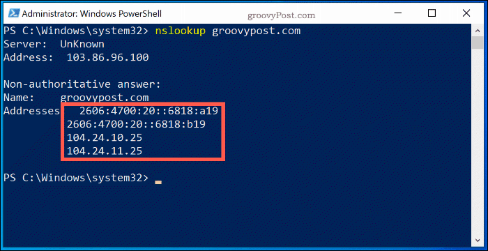 La commande NSlookup dans une fenêtre Windows 10 PowerShell, affichant les informations de recherche du serveur de noms pour Groovypost.com