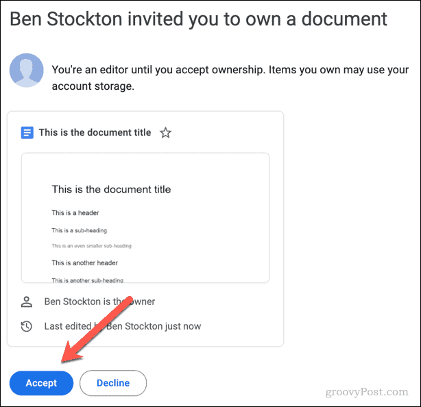 Invitation par e-mail à accepter ou refuser la propriété d'un fichier Google Docs