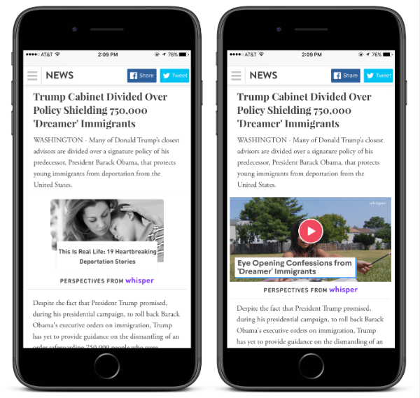 Avec le nouveau widget Perspectives de Whisper, n'importe quel éditeur peut ajouter à un article pour offrir à ses lecteurs les perspectives contextuellement pertinentes de millions d'utilisateurs de Whisper.