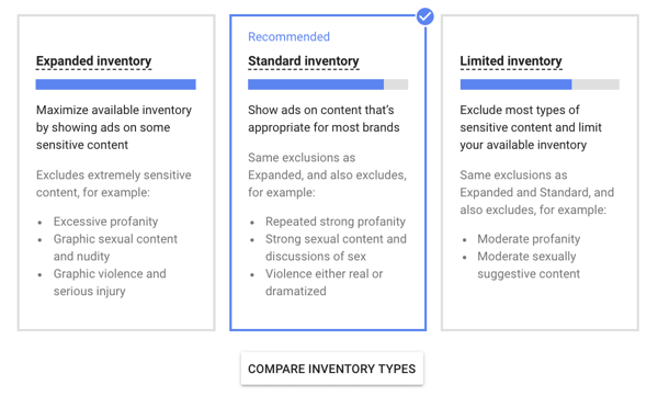 Comment configurer une campagne publicitaire YouTube, étape 13, définir l'option de type d'inventaire