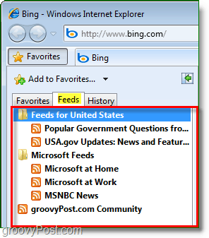 la liste des flux communs située dans la barre des favoris d'Internet Explorer