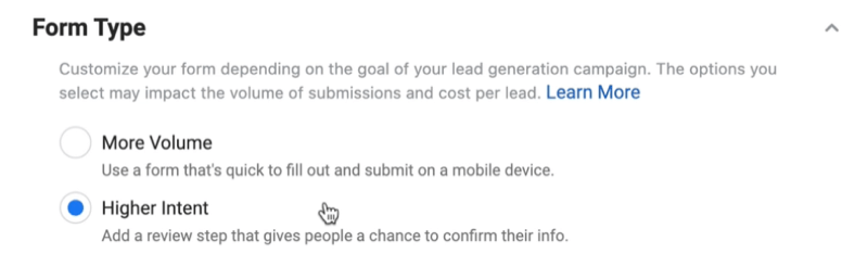 Facebook Lead Ads crée une nouvelle option de formulaire de prospect pour sélectionner le type de formulaire avec une intention plus élevée sélectionnée