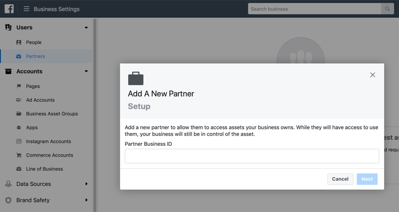 ajouter un nouveau partenaire dans Facebook Business Manager