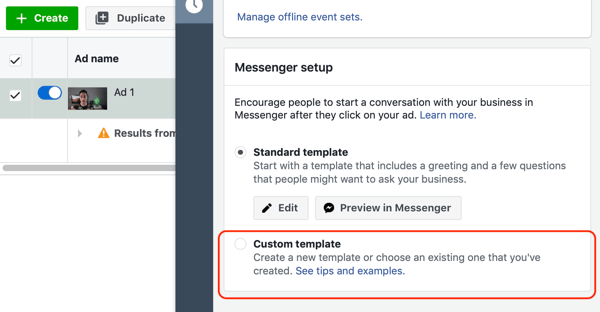 Comment cibler les prospects chauds avec les publicités Facebook Messenger, étape 10, option de modèle personnalisé de destination de messagerie