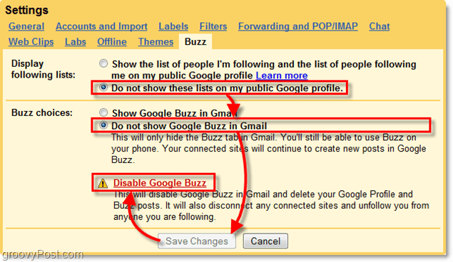 dans les paramètres de Gmail, cliquez sur l'onglet Google Buzz