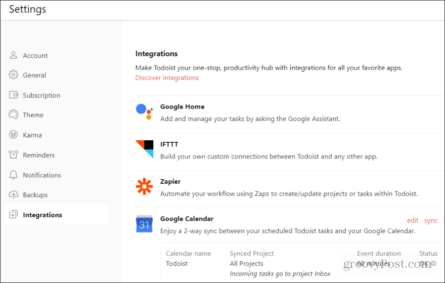 intégration de l'agenda Google todoist