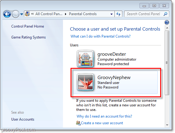 choisissez un utilisateur pour ajuster les propriétés du contrôle parental dans Windows 7