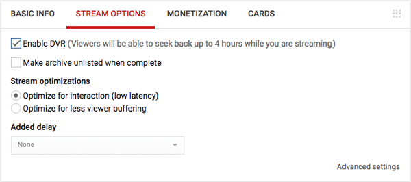 configuration en direct de youtube