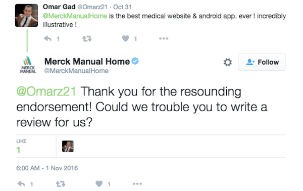 Merck Manual Home encourage un client à laisser un avis sur son application.