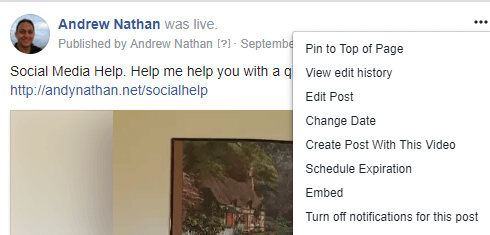 Pour obtenir le code d'intégration dans une publication vidéo Facebook Live, cliquez sur le menu à trois points et sélectionnez Intégrer.