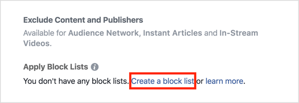 Dans la section Emplacements de votre annonce, cliquez sur Appliquer les listes de blocage, puis sur Créer une liste de blocage.