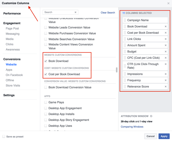 Sélectionnez les colonnes que vous souhaitez ajouter à votre tableau de résultats d'annonces Facebook.