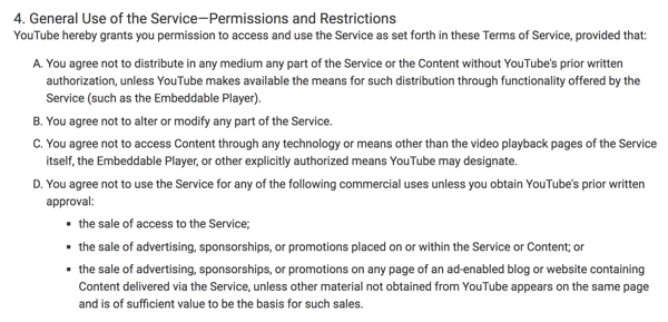 Les conditions d'utilisation de YouTube décrivent clairement les utilisations commerciales restreintes de la plateforme.