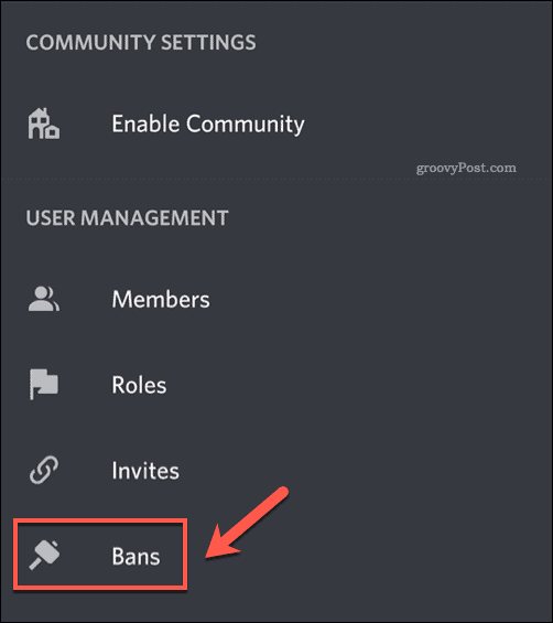 L'option de menu Bans dans le menu des paramètres de l'application Discord