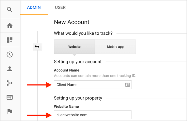 Remplissez les informations pour créer un nouveau compte client à partir de votre compte Google Analytics.