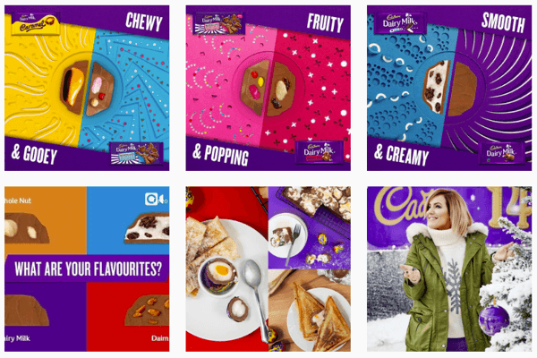 Le fil Instagram de Cadbury's se concentre sur leur couleur violette emblématique.