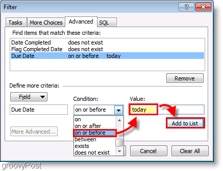 Capture d'écran: Filtre de configuration de la barre des tâches d'Outlook 2007 aujourd'hui