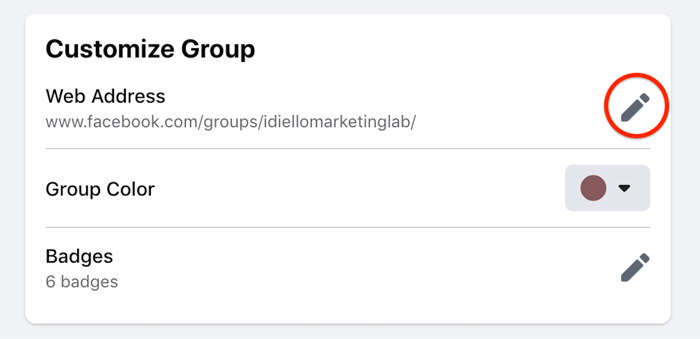 facebook personnaliser l'option des paramètres de groupe en surbrillance pour modifier l'adresse Web