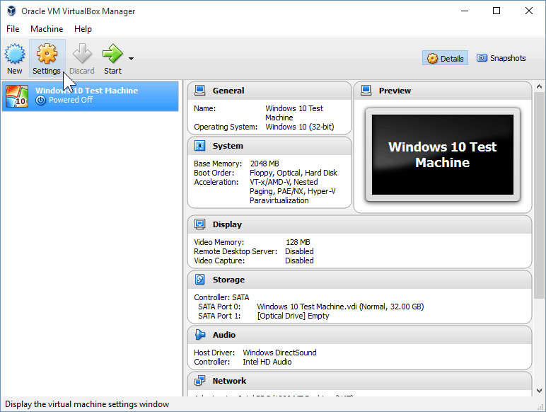 09 Ouverture des paramètres de VirtualBox (installation de Windows 10)