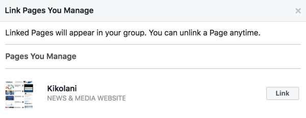 Liez votre page Facebook à votre groupe.