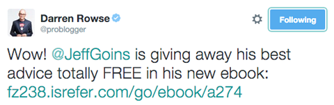 darren rowse tweet faisant la promotion de l'ebook de Jeff Goins