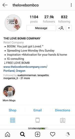 Exemple de bio de profil Instagram Business avec une offre de @thelovebombco.