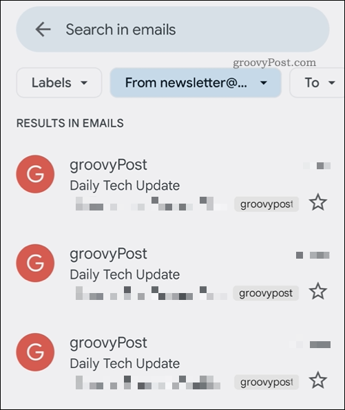 Résultats de recherche de l'application Gmail