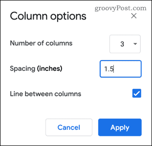 Le menu des options de colonne dans Google Docs