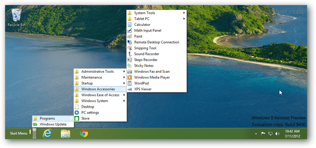 Windows 8 bascule un tout nouveau menu de démarrage via la barre d'outils de la barre des tâches